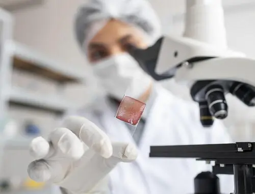 Close-up de cientista analisando amostra em laboratório de patologia veterinária
